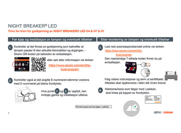 Osram Night Breaker H7 LED LED, H7, 2pk, Godkjent LED pære