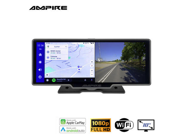 Ampire Apple Carplay/Android Auto Frittstående 10" skjerm
