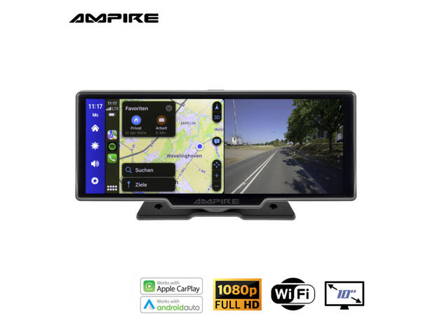 Ampire Apple Carplay/Android Auto Frittstående 10" skjerm m/DVR