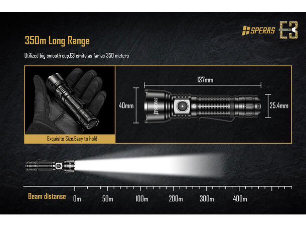 Speras E3 lommelykt 1300lm / 350 meter kastelengde