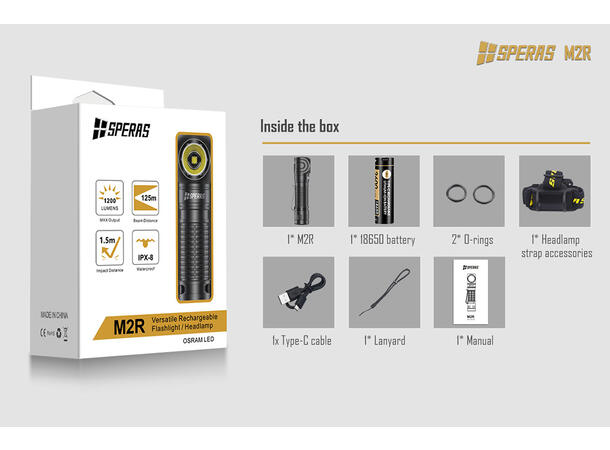 Speras M2R hode/lomme/arbeidslykt 1200lm / 125 meter kastelengde