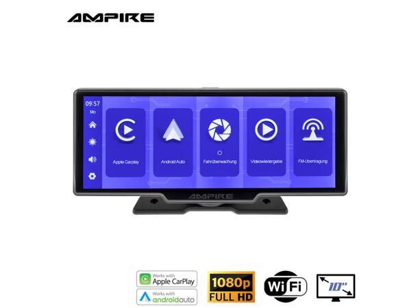 Ampire Apple Carplay/Android Auto Frittstående 10" skjerm m/DVR