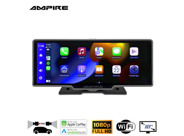Ampire Apple Carplay/Android Auto Frittstående 10" skjerm m/DVR