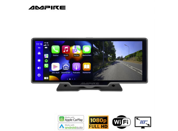 Ampire Apple Carplay/Android Auto Frittstående 10" skjerm m/DVR