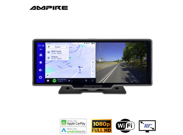 Ampire Apple Carplay/Android Auto Frittstående 10" skjerm m/DVR