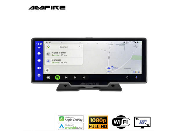 Ampire Apple Carplay/Android Auto Frittstående 10" skjerm m/DVR