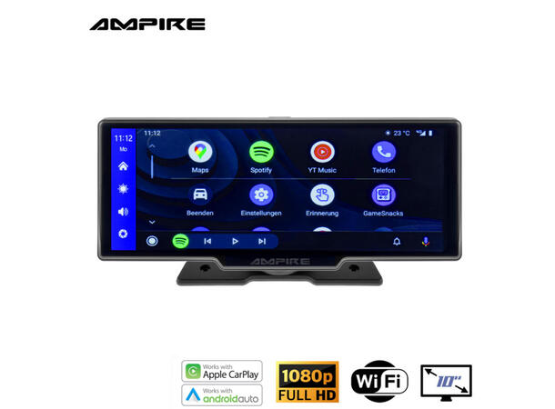 Ampire Apple Carplay/Android Auto Frittstående 10" skjerm m/DVR