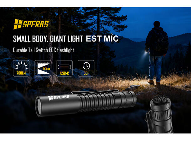 Speras EST MICRO lommelykt 700lm / 138 meter kastelengde 