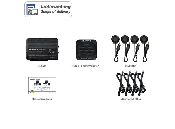 Ampire parkeringshjelp 4-veis GPS Matt svart, sensormontering forfra 