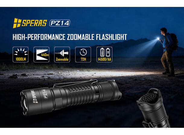 Speras PZ14 lommelykt med zoom 1000lm / 440 meter kastelengde 