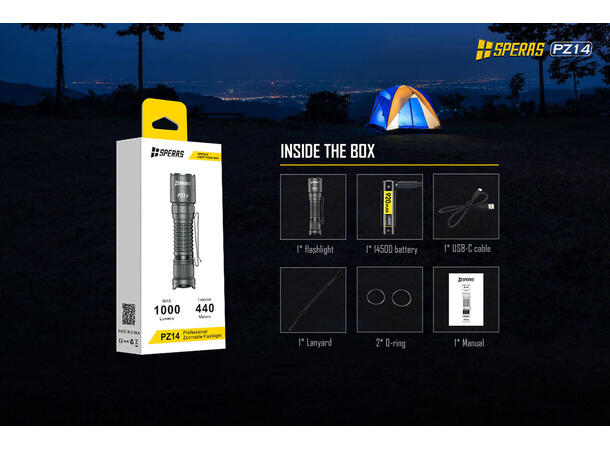 Speras PZ14 lommelykt med zoom 1000lm / 440 meter kastelengde 